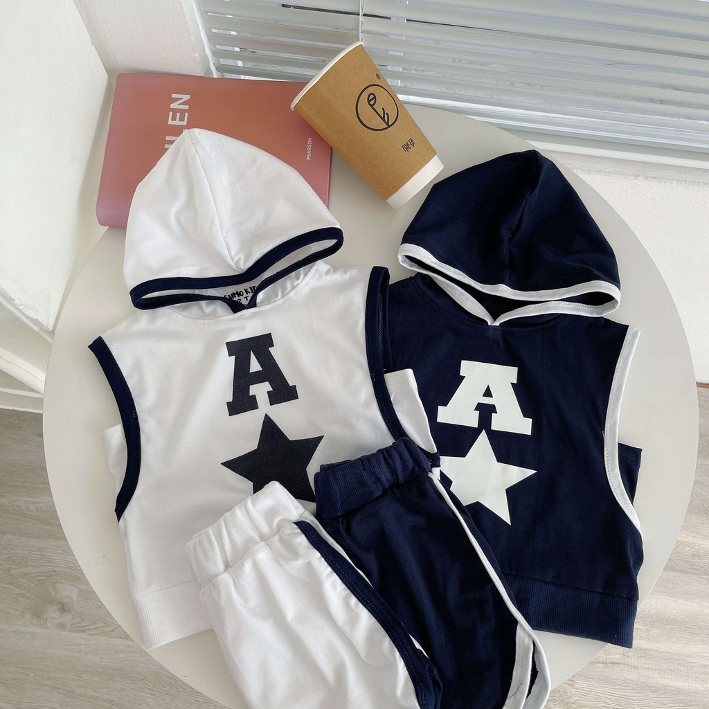 Bộ Sát Nách Hè Ba Lỗ In Chữ A Ngôi Sao Có Mũ Phong Cách Hip Hop Cho Bé Trai Mặc Cực Xinh - SUMO KIDS
