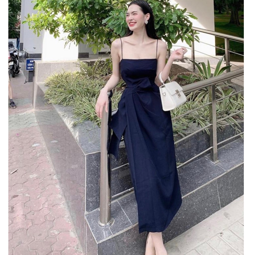 Đầm 2 dây xanh đen nhún lệch (có ảnh thật) | BigBuy360 - bigbuy360.vn