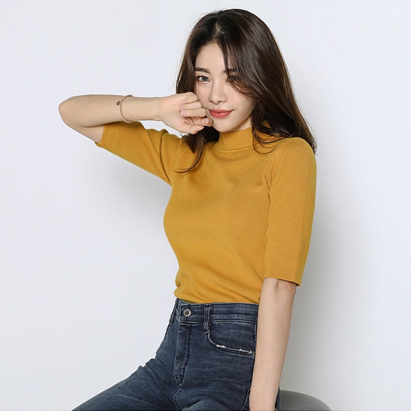 Áo thun IELGY dệt kim tay ngắn cổ cao dáng ôm thời trang cho nữ