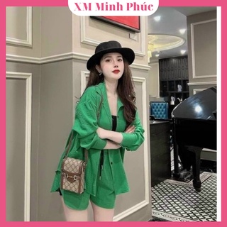 Set Bộ 3 Món Áo Sơ Mi Phối Quần Đùi Kết Hợp Áo 2 Dây Phù Hợp Đi Chơi, Đi Biển Xinh Xắn Xm Minh Phúc