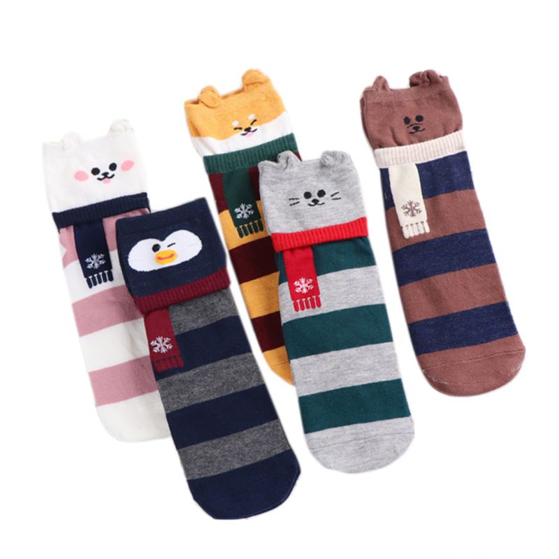 Set 5 Đôi Tất Kẻ Sọc Đính Tai Thỏ / Gấu Hoạt Hình 3D Dễ Thương Cho Nữ