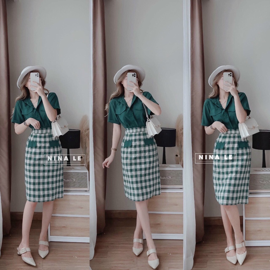 Set váy 2 món áo sơ mi form rộng ngắn tay có khuy kèm chân váy ôm body có túi, chất vải umi cao cấp