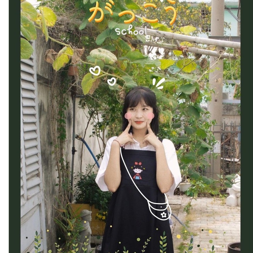 Váy Yếm Suông Thêu Hình Cô Bé Siêu Cute Đầm Yếm Nữ Dễ Thương LD019