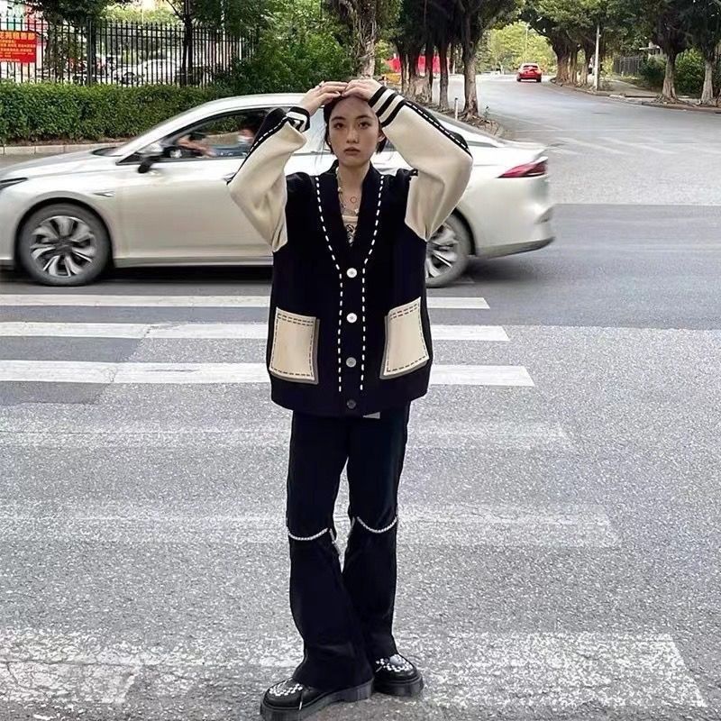 Áo Khoác Cardigan Dệt Kim Phối Màu Tương Phản Phong Cách Retro Thời Trang Thu Đông Mới