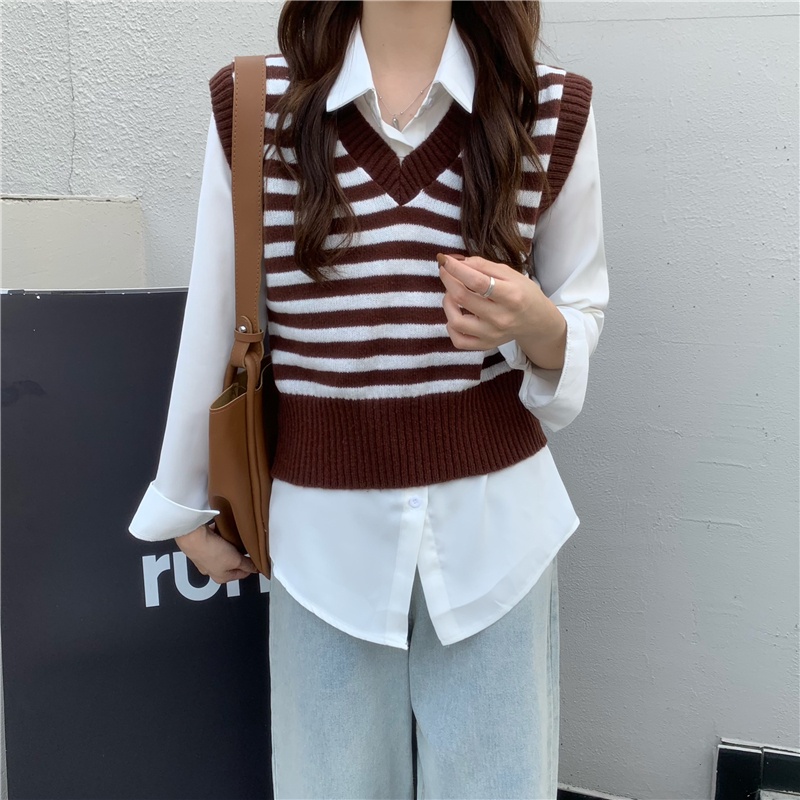 Áo dệt kim sát nách dáng rộng cổ chữ v kiểu Hàn Quốc dễ thương cho nữ | BigBuy360 - bigbuy360.vn