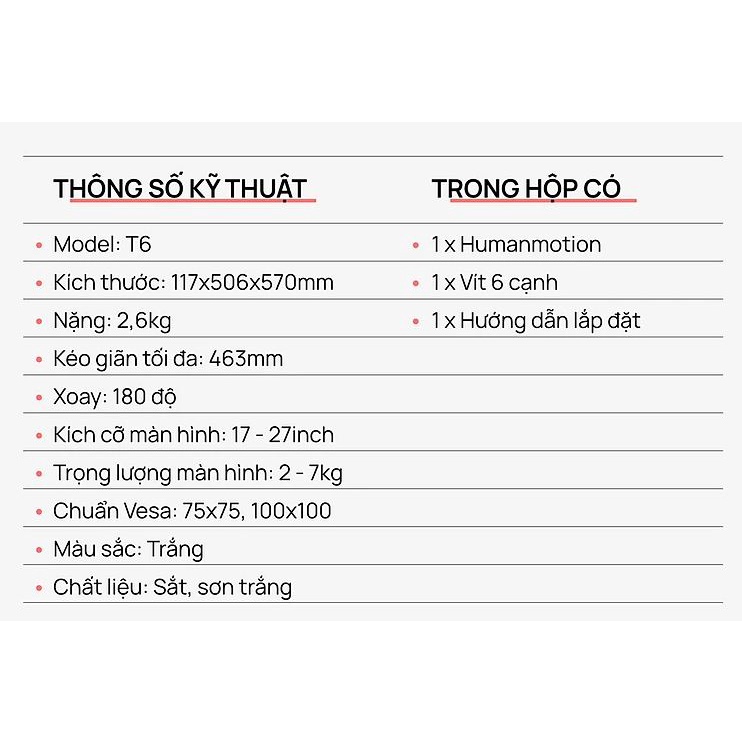 Giá treo màn hình máy tính Human Motion T6 / T6 Pro / T6 Pro Dual - Hàng Chính Hãng
