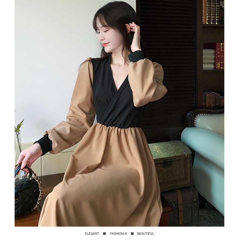 Đầm Cổ Chữ V Thắt Nơ Màu Sắc Tương Phản Thời Trang Mùa Thu Cho Nữ