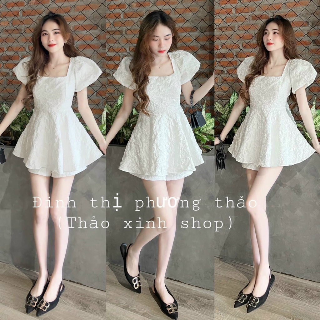 Set bộ đồ nữ gấm phồng tay khoét lưng đan nơ đơn giản, xinh xắn dành cho các tiểu thư đi học, đi chơi, dự tiệc