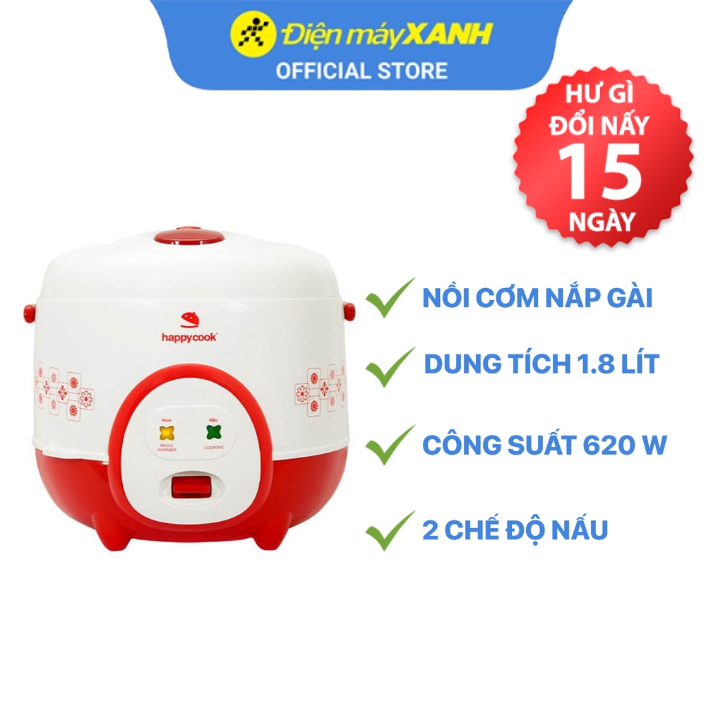 Nồi cơm điện nắp gài Happycook HC-180A Đỏ 1.8 lít  620 W lòng nồi chống dính - Chính hãng BH 12 tháng