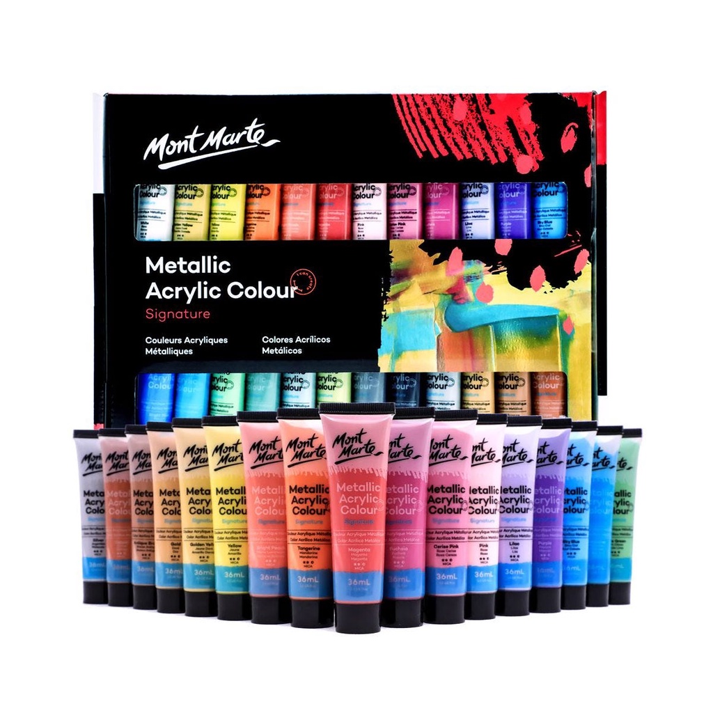 Bộ Màu Nhũ Metallic Acrylic Mont Marte 12/24/36 Màu x 36ml - PMMT1236/PMMT2436/PMMT3636