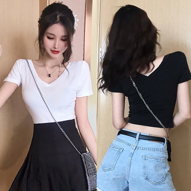 Áo Thun Tay Ngắn Cổ Chữ V Màu Trơn Thời Trang Mùa Hè