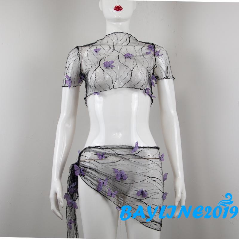 Bộ Đồ Bơi Áo Croptop Tay Ngắn Phối Chân Váy Lưới Mỏng Ba Chiều Trang Trí Hình Bướm Dành Cho Bạn Nữ