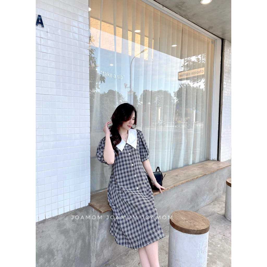 Váy đầm bầu kẻ buộc dây phối cổ các điệu thoải mái big size Joamom V190