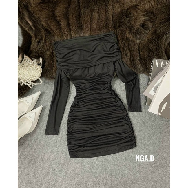 Đầm body nhún trễ vai tay dài