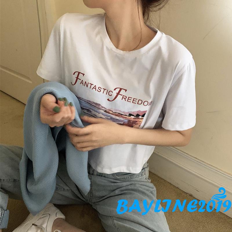 Áo Thun Croptop Tay Ngắn Cổ Tròn In Chữ Thời Trang Mùa Hè Cho Nữ