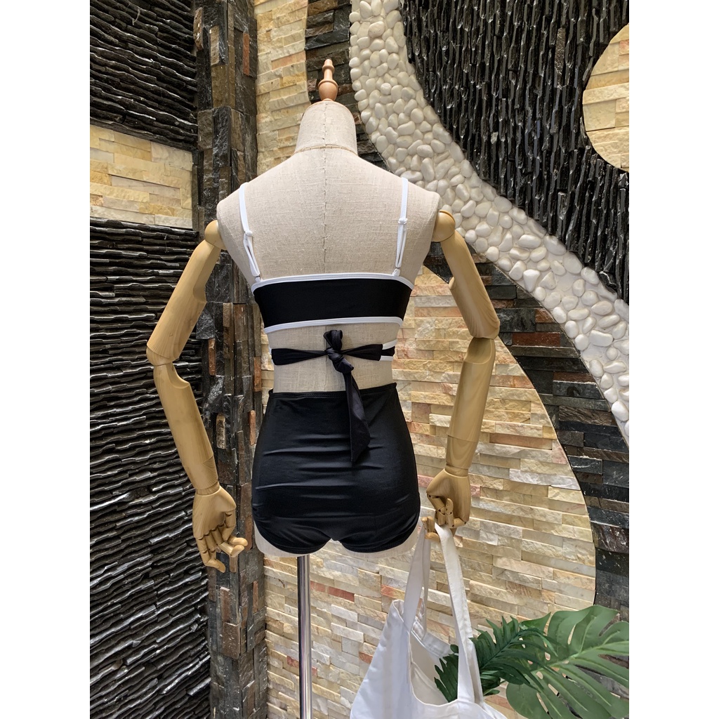 BIkini đắp chéo đen viền trắng
