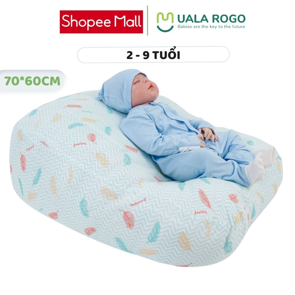 Gối chống trào ngược Uala rogo cho trẻ sơ sinh 70x60cm êm ái ruột bông vi sinh vỏ cotton 8897 8912