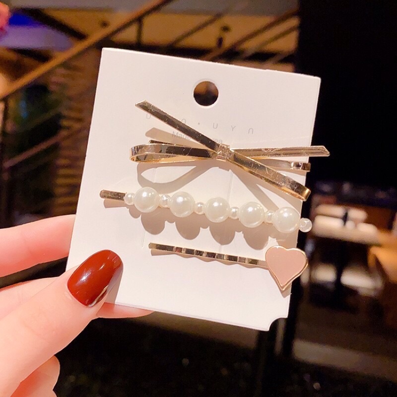 Set 3 kẹp tóc kim loại đính ngọc giả xinh xắn cho nữ