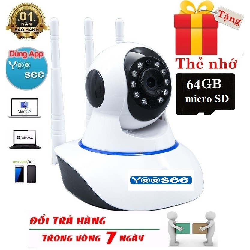 Camera Yoosee 3 Râu Xoay 360 độ 2.0Mpx  Siêu Nét Kèm Thẻ Nhớ Chuyên Dụng 128Gb