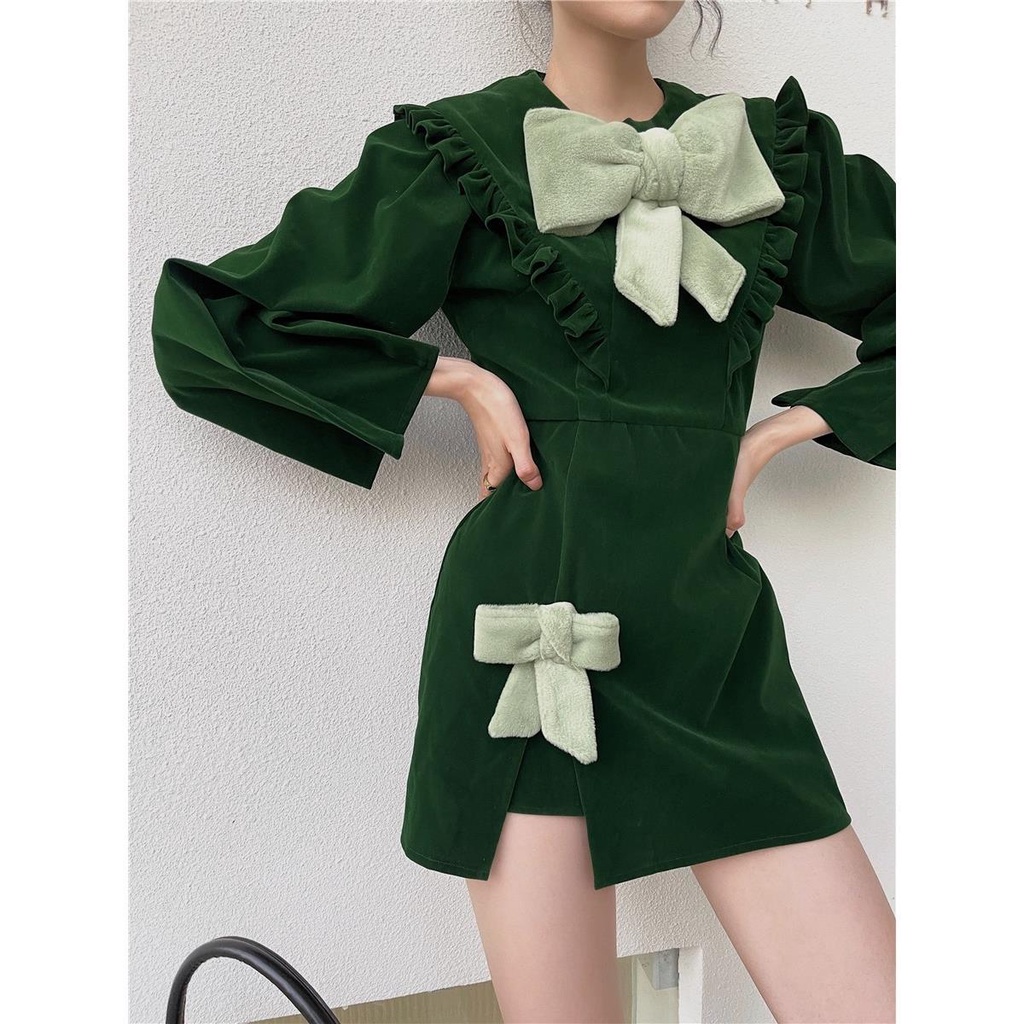 Đầm nhung đỏ phong cách retro Pháp mừng năm mới năm mới 2021 cho nữ
