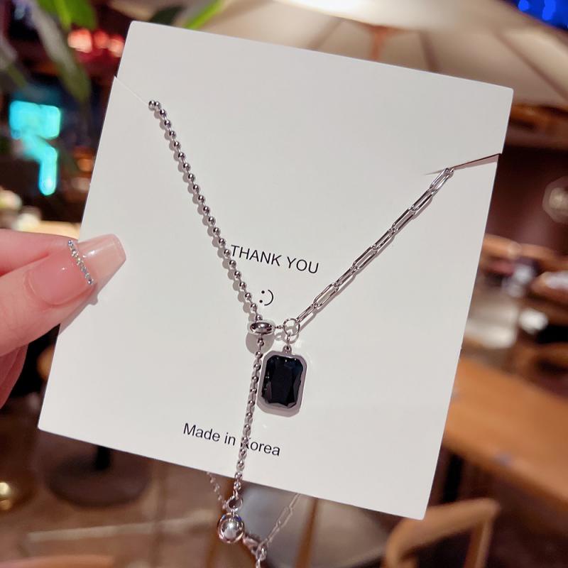 XiaoboACC Dây Chuyền Đính Đá Mặt Hình Vuông Bằng Thép Titan - 38CM+6CM