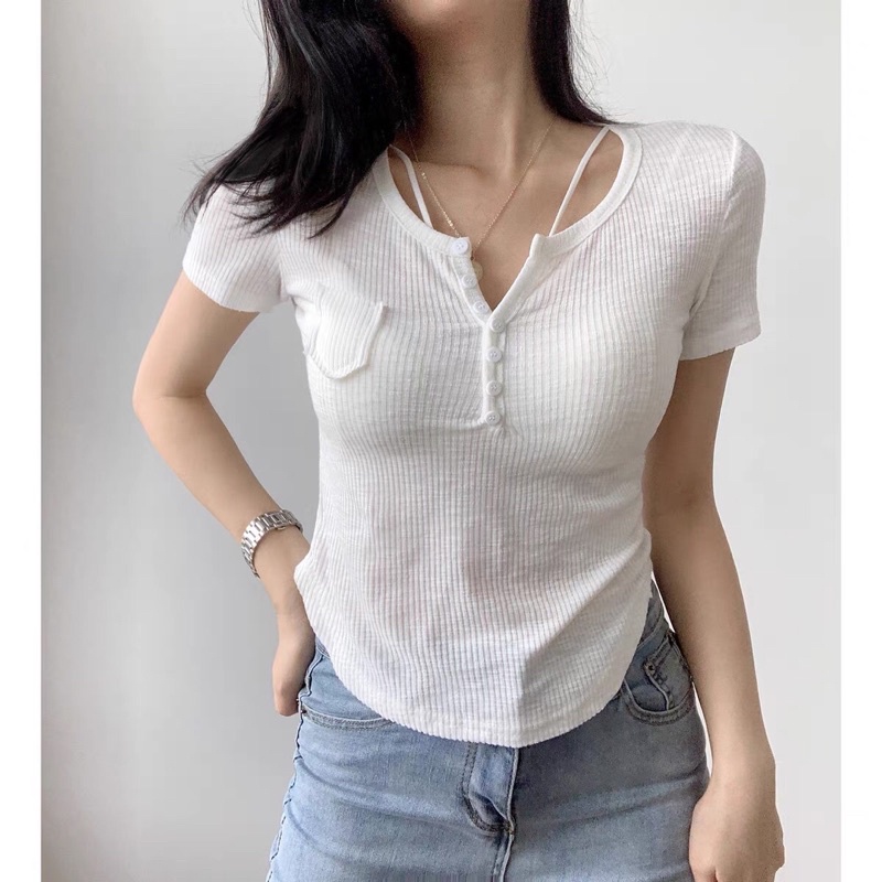 Áo Vạt bầu Nút Thật có túi tay ngắn .