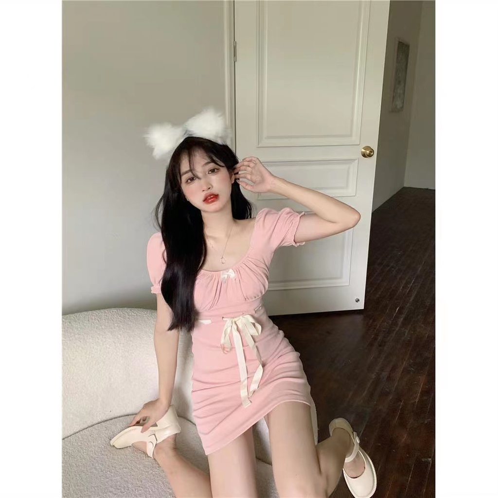 Đầm PERTY cổ vuông màu hồng đính nơ phong cách Pháp retro thời trang dành cho nữ
