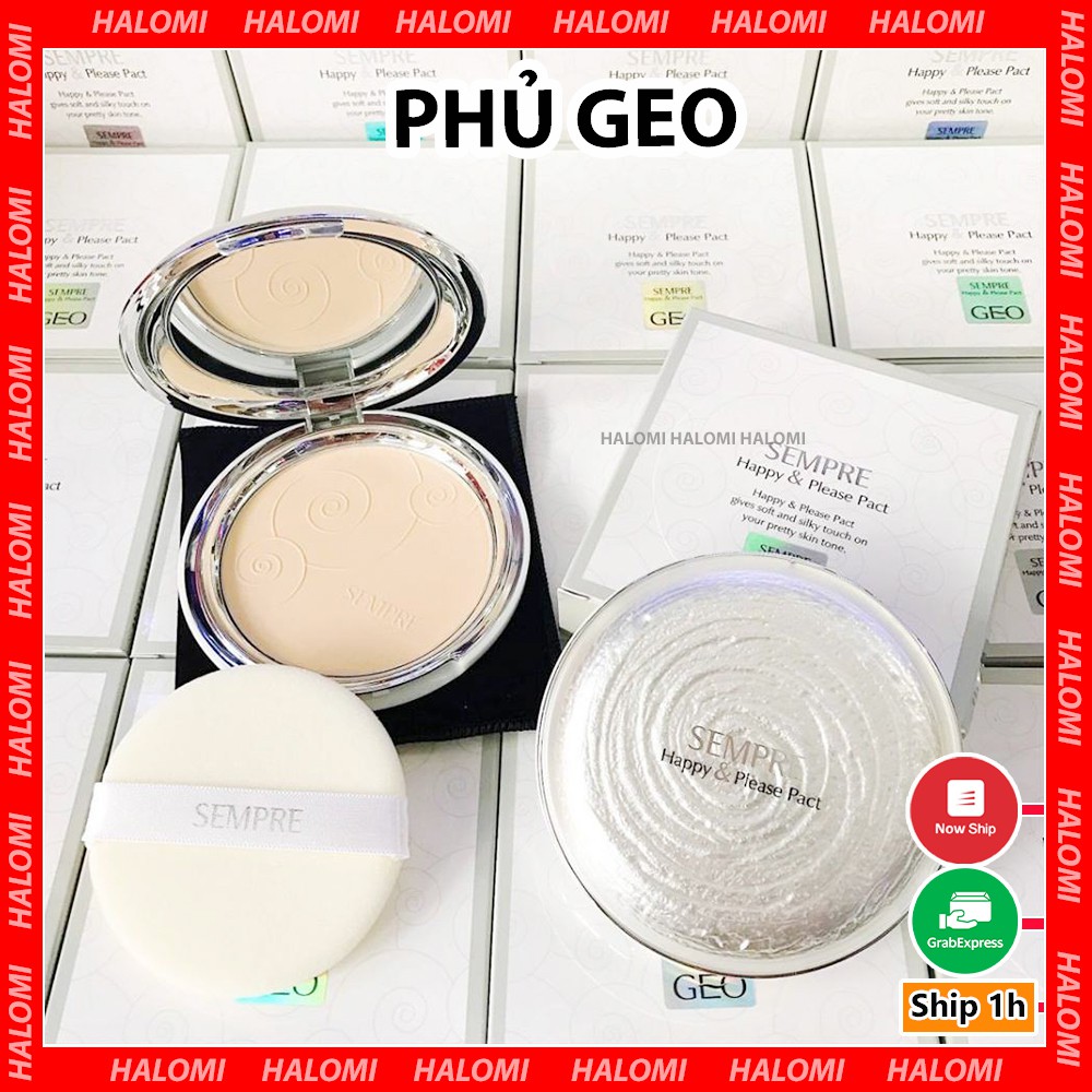 Phấn phủ kiềm dầu Geo Sempre  Ngọc trai  Happy &amp; Please Pact Hàn Quốc giúp da mịn trắng sáng