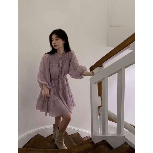 Váy đầm babydoll tầng tay bồng nhún cổ