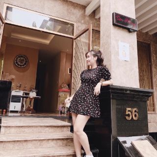 Đầm hoa nhí tay phồng cột eo