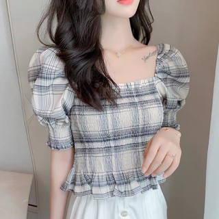 Áo caro tay phồng ❤️ Mẫu áo croptop tay phồng  tôn dáng đẹp xuất sắc luôn í. Áo có bo nhún  ôm sát cực đẹp, mix match cá