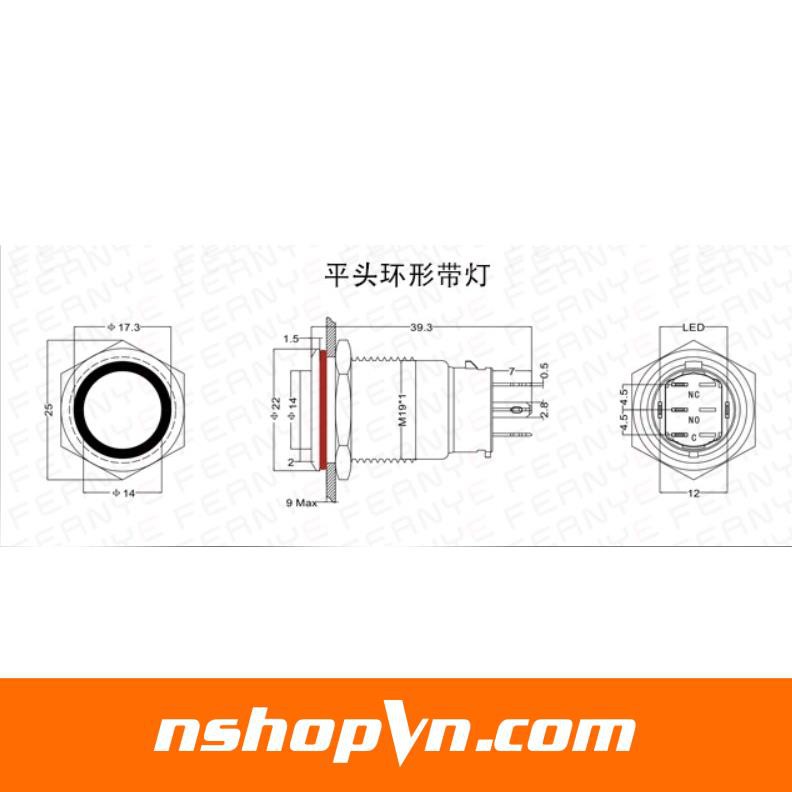 Nút nhấn tự giữ kim loại 19mm có đèn led đỏ, xanh dương, xanh lá