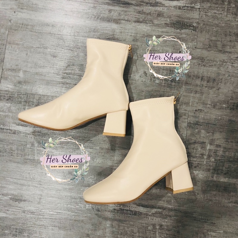 Bốt nữ da cao cấp lót nỉ ấm gót cao 6 phân có sẵn - Giày boot nữ Giày bốt da cổ cao da bóng size 34-40