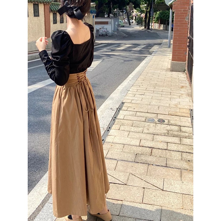 Áo Thun Tay Phồng Cổ Vuông + Chân Váy Lưng Cao Thời Trang Hàn Quốc Cho Nữ