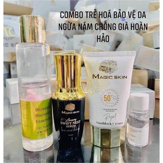  COMBO TRẺ HOÁ DA MAGIC SKIN   3 SP cốt tuyết hoa. serum yến . kem chống nắng hoàng cung   tặng tes toner mini 