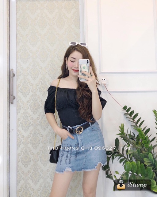Áo nhung trễ vai cúc bọc - quảng châu