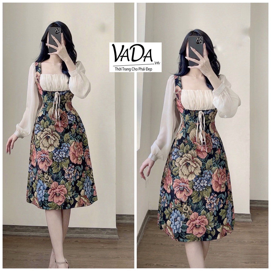 Đầm hoa dự tiệc cưới dáng xòe cổ vuông nhẹ nhàng xinh xắn - Thời Trang VADA (Đ280)