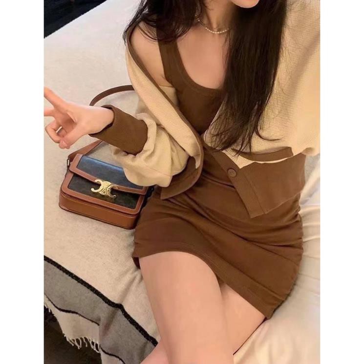 Set áo cardigan 2 món phối viền váy body nữ tông dáng