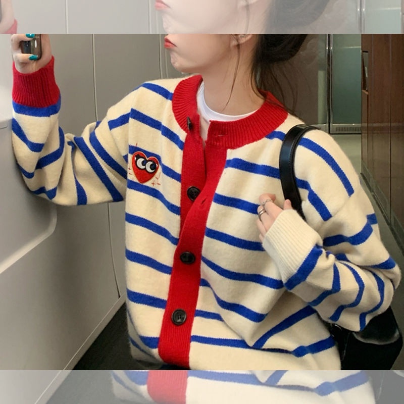 Áo khoác cardigan dệt kim dáng rộng họa tiết kẻ sọc thời trang xuân thu phong cách Hàn Quốc cho nữ