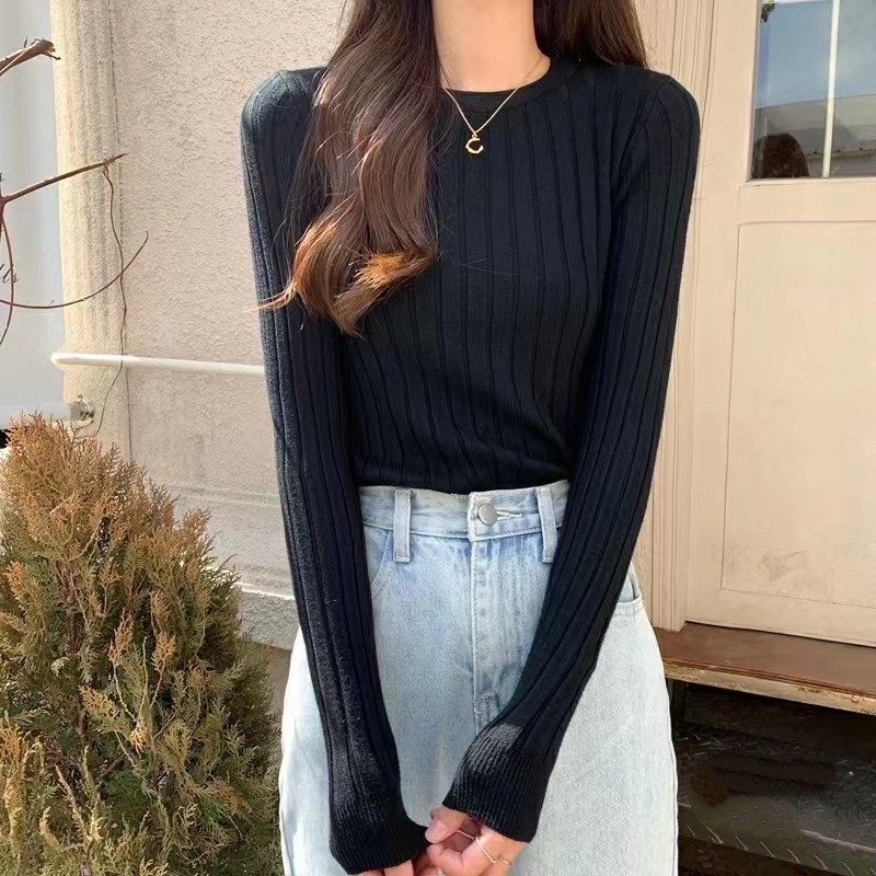 Áo sweater Dệt Kim Tay Dài Cổ Tròn Màu Trơn Thời Trang Thu Đông Hàn Quốc Mới Cho Nữ