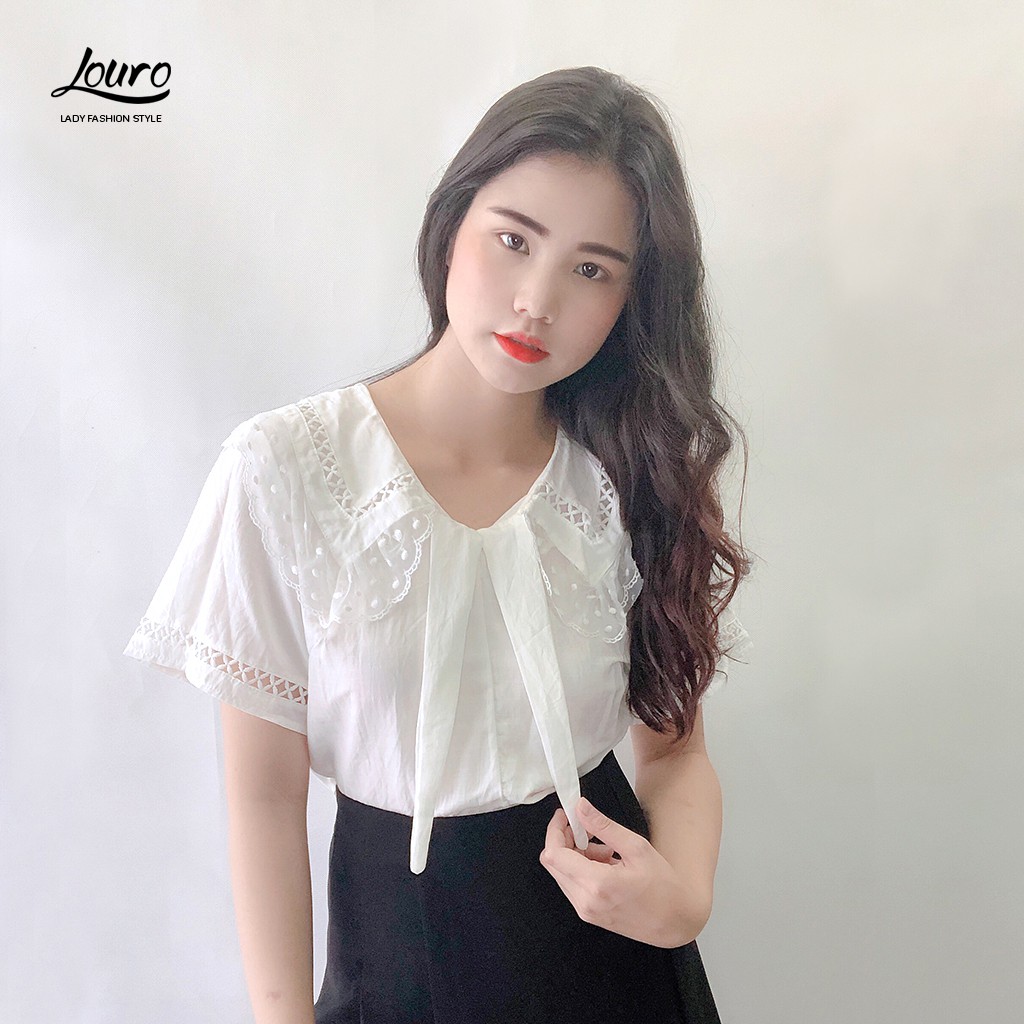 Áo kiểu nữ công sở Louro L221, mẫu áo sơ mi croptop cá tinh, chất liệu Cotton ...