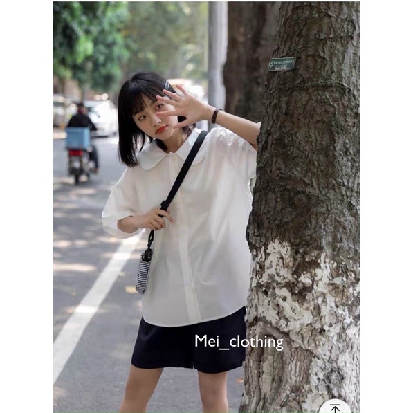 [Ảnh thật/video] Áo sơmi cộc tay babydoll cổ sen dáng rộng cute