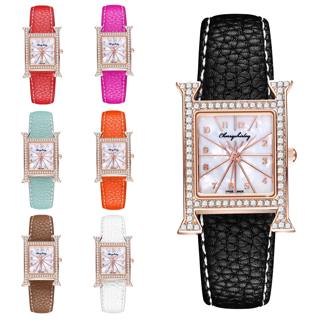 Đồng Hồ Quartz Mặt Vuông Đính Hột Xoàn Dây Da Cho Nữ