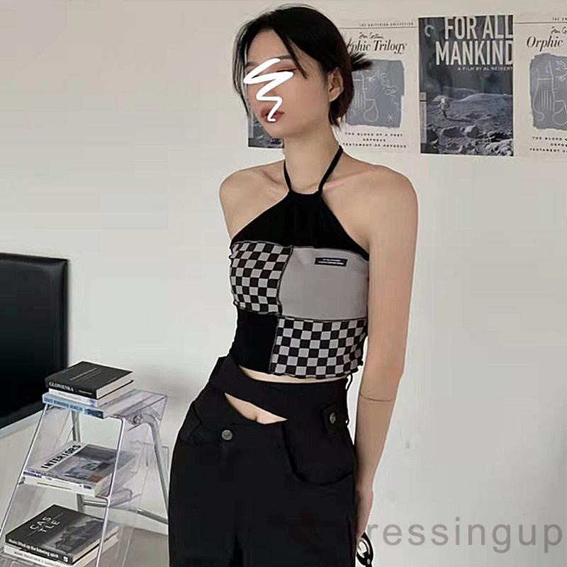 Áo Tank Top Hở Lưng Phối Họa Tiết Caro Thời Trang Cho Nữ