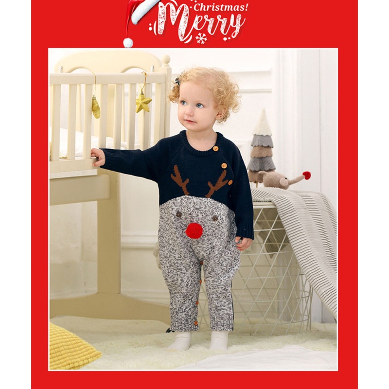 Bộ áo liền quần dệt kim tay dài họa tiết tuần lộc hoạt hình phong cách giáng sinh cho bé sơ sinh | BigBuy360 - bigbuy360.vn