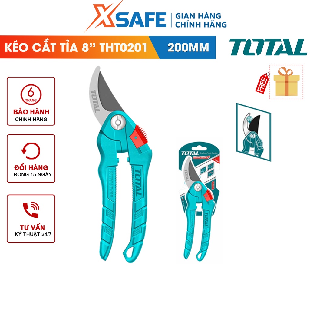 Kéo cắt cành TOTAL THT0201 | kích thước 8inch - 200mm, lưỡi kéo được làm từ thép carbon 55# cực sắc bén, tay cầm nhựa PP