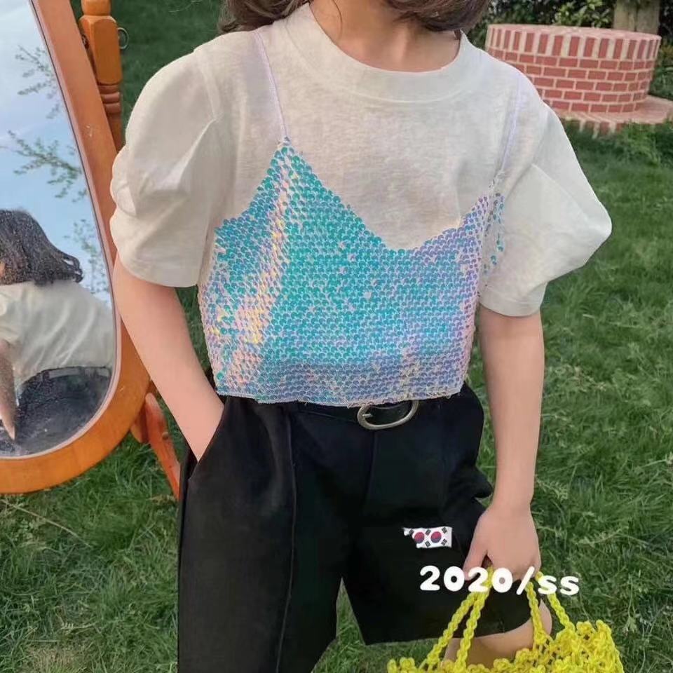 Áo Thun Cotton Giả Hai Lớp Tay Phồng Dáng Rộng Thoải Mái Thời Trang Mùa Hè Phong Cách Hàn Quốc Cho Bé Gái 5