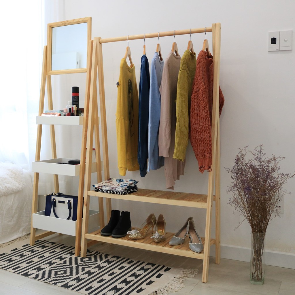 COMBO GIÁ TREO QUẦN ÁO KÈM KỆ GƯƠNG ĐỨNG ĐA NĂNG - A HANGER 2F NATURAL- MIRROR HANGER WHITE NATURAL