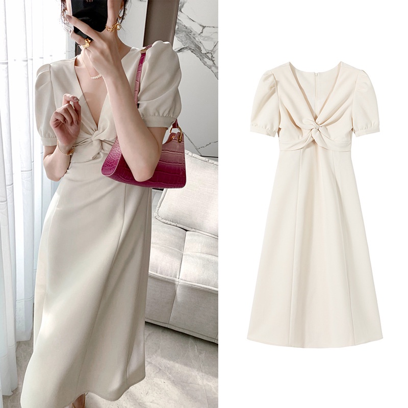 Đầm IELGY cổ chữ v tay ngắn màu trơn phong cách thanh lịch cho nữ