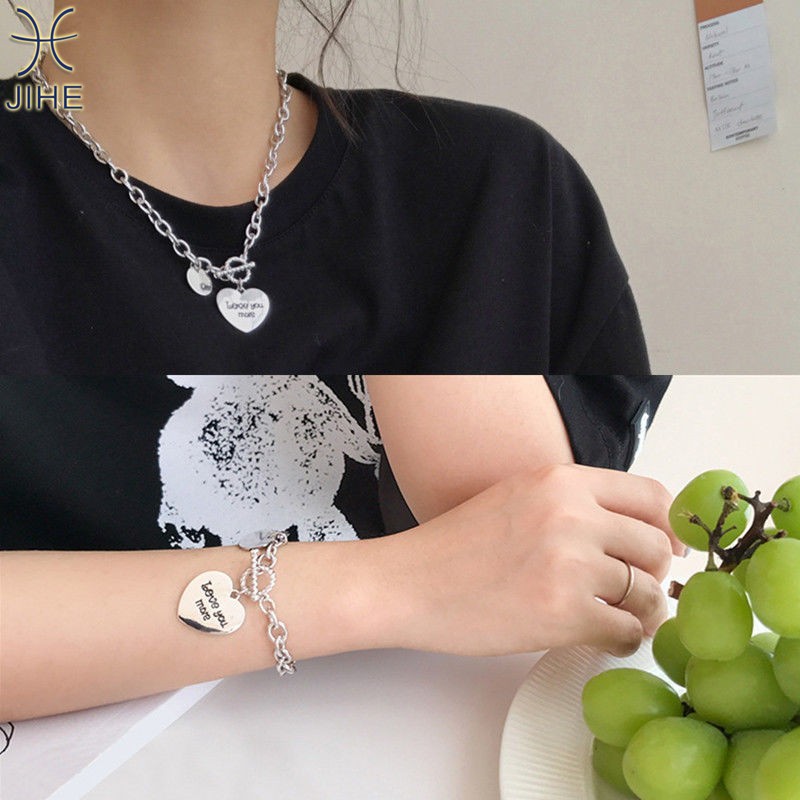 【JIHE】Choker Dây Chuyền / Vòng Tay Mặt Trái Tim Khắc Chữ Đơn Giản Phong Cách Hàn Quốc Cổ Điển
